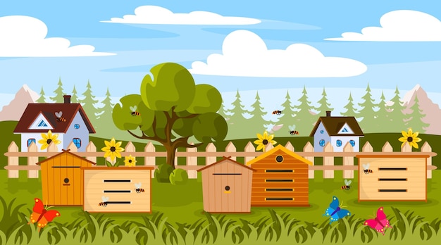 Vector illustratie van prachtige bijenstallen Cartoon berglandschap met tuin bijenkorven bijen bloemen vlinders bos huizen