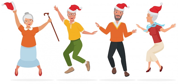 Vector illustratie van volwassen mensen in kerstmishoeden die pret hebben, dansen en springen.