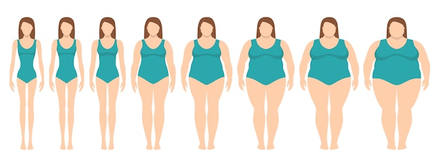 Vector illustratie van vrouwen met verschillend gewicht van anorexia tot extreem zwaarlijvig.