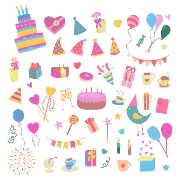Vector illustratie verjaardag partij kleurrijke accessoires en decoratie zoete lekkernijen taarten ballonnen snoep geschenken in platte cartoon stijl