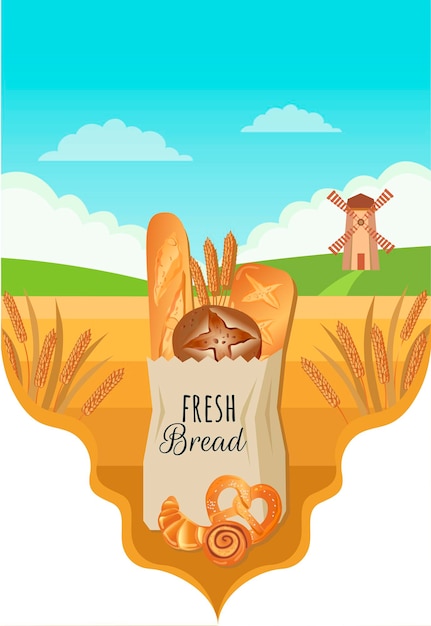 Vector illustratie verse broodjes ciabatta in een zak op de achtergrond van een tarweveld
