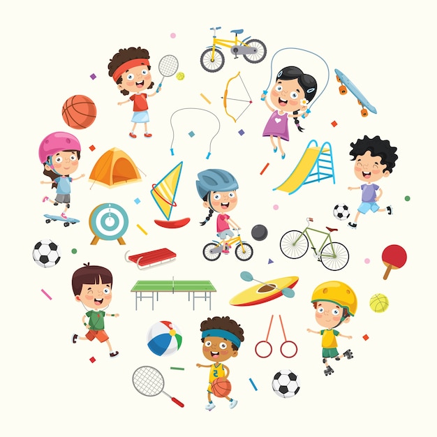 Vector vector illustratie verzameling van kinderen en sport apparatuur