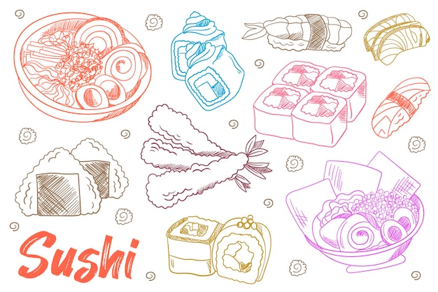 Vector vector illustratie voedsel. japanse keuken: broodjes, sushi, miso-soep, noedels, onigiri, sashimi, vlees, bento. hand getekend japans eten. diverse schalen met ramen