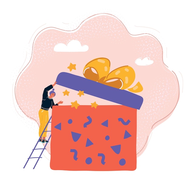 Vector illustratie vrouw open grote cadeau doos