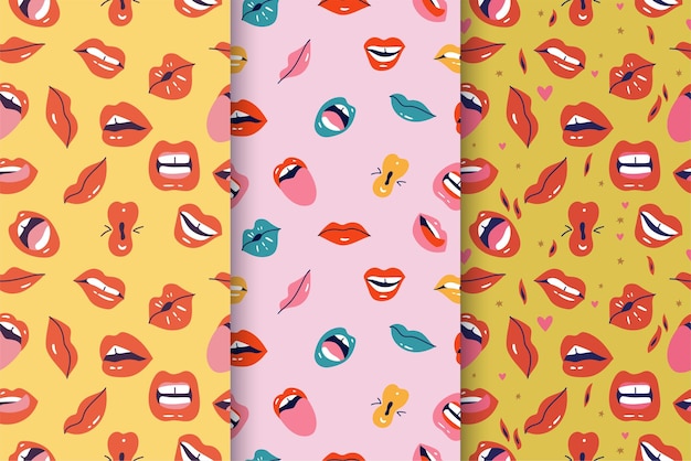 Vector illustratie vrouwelijke monden kleurrijke lippenstift verschillende mimische emoties gezichtsuitdrukkingen poster om af te drukken