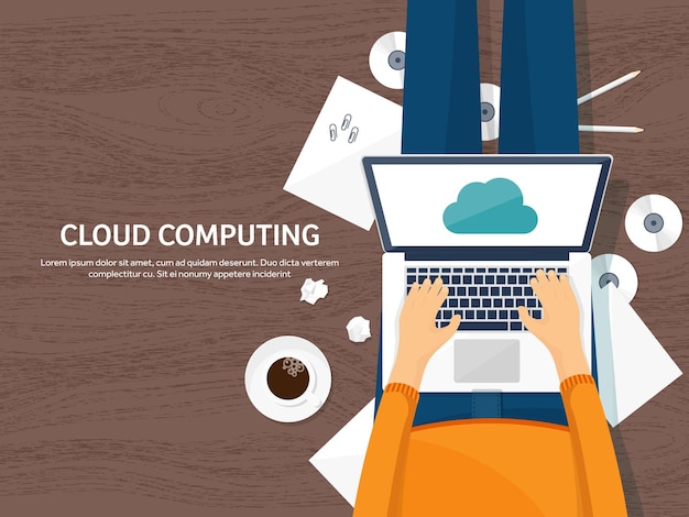 Vector illustratie werkplaats tafel met documenten computer platte wolk computing achtergrond media