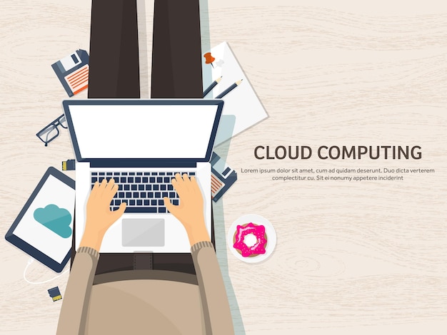 Vector illustratie werkplaats tafel met documenten computer platte wolk computing achtergrond media