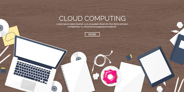 Vector illustratie werkplaats tafel met documenten computer platte wolk computing achtergrond media