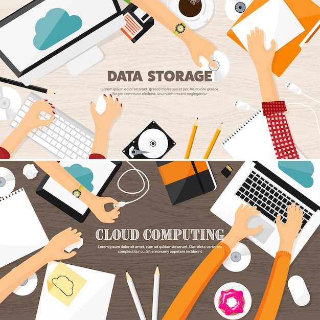 Vector illustratie werkplaats tafel met documenten computer platte wolk computing achtergrond media