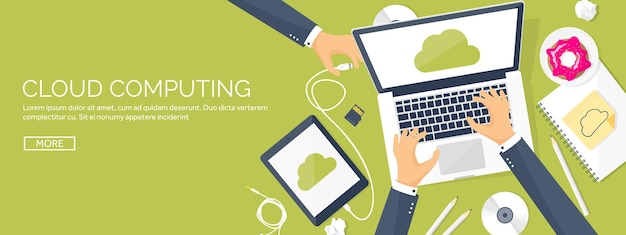 Vector illustratie werkplaats tafel met documenten computer platte wolk computing achtergrond media