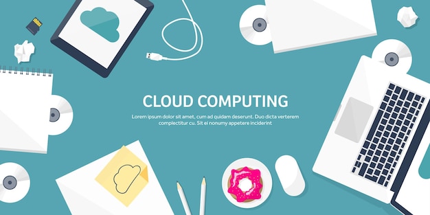 Vector illustratie werkplaats tafel met documenten computer platte wolk computing achtergrond media