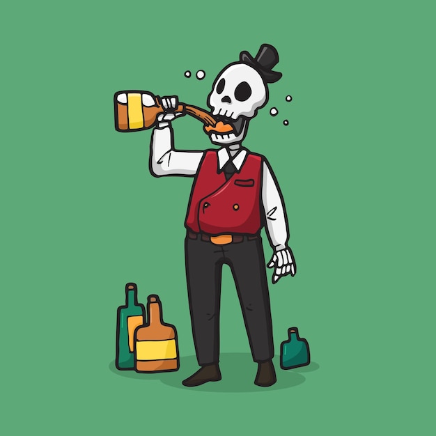 Vector vector illustratie westerse skelet barman drinken in de hand getekende stijl
