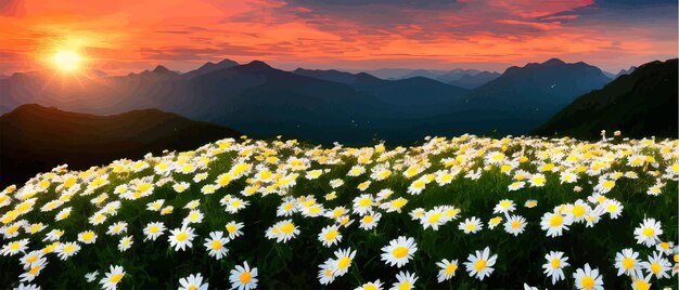 Vector illustratie witte kamille bloemen en gras op heuvels tegen de achtergrond van bergen en een