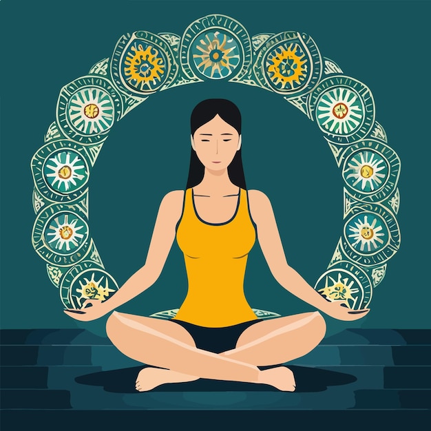 Vector vector illustratie yoga vrouw in cirkel frame met heldere en bloemen ornament op kleur achtergrond