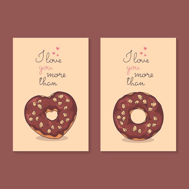 Vector illustraties gefeliciteerd met valentijnsdag. kaarten met donuts.