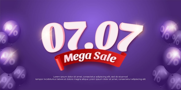 Illustrazione vettoriale 0707 mega vendita modello di banner design con palloncini su sfondo viola