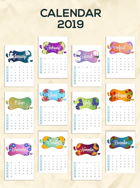 Vector vector illustration of 2019 yearly calendar design