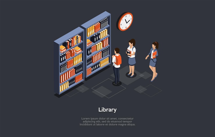 Vector vector illustration. 3d composition, cartoon style isometric design. library ideas. group of students standing. male and female characters. three schoolchildren at athenaeum. dark background, writings