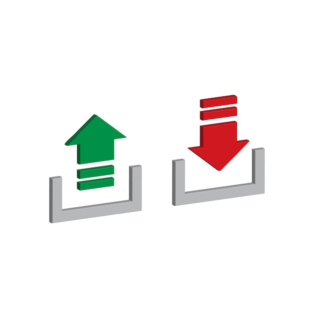 Vector vector illustration of 3d icons of upload and download symbols, up and down arrows, red and green co