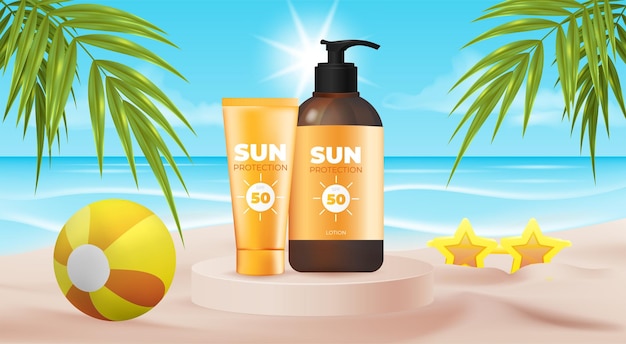 vector illustration of a 3d sunscreen bottle on the beach realistic image with tropical concept