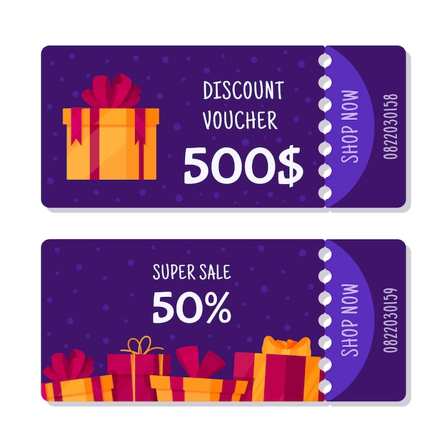 Векторная иллюстрация сертификата на 500 долларов и купона на 50%. Шаблон купона на скидку с чистой и современной иллюстрацией. Подарок на день рождения.