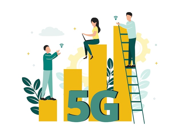 Vector illustration of 5G internet A man stands on the stairs near the division of the network sign a woman with a laptop sits on a column against the background of network icons gears plants
