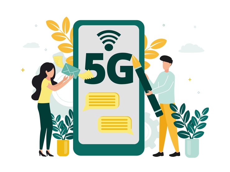 Vector vector illustration of 5g internet a man with a pen a woman with an envelope with wings are standing near a smartphone with a network 5g and plants sign