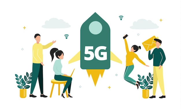 5G インターネットのベクトル イラスト ネットワーク アイコン雲の植物の背景に 5G 記号が付いたロケットの近くにスマートフォン ラップトップと封筒を持つ男性と女性