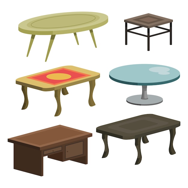 vector illustration of 6 tables with different colors and shapes