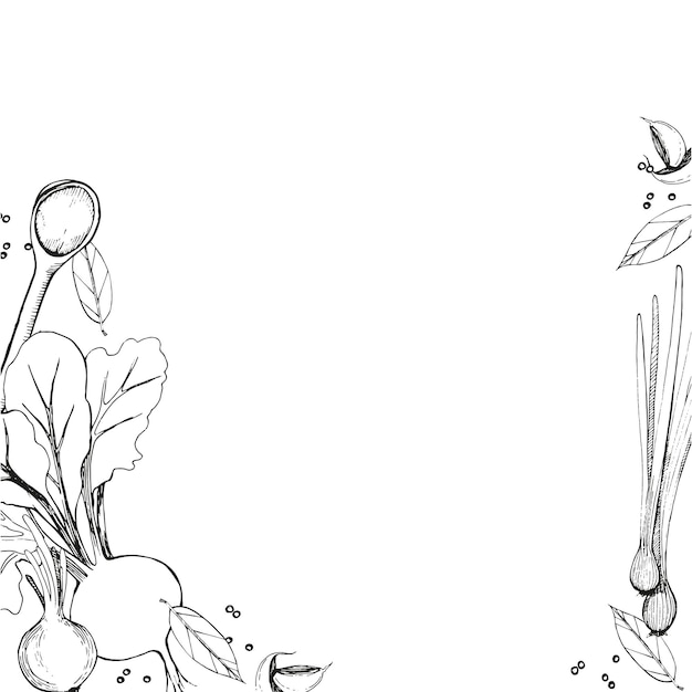 Вектор Векторная иллюстрация рама из овощей, зубчиков чеснока, перца, столовой ложки свеклы, лука, зеленого лука, все нарисованные черным в векторе, подходящие для текстиля, посуды, кухонной печати