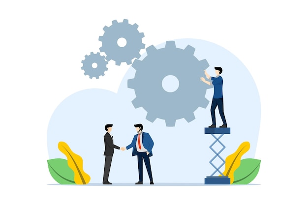 Vector illustration about business team cooperation concept with people connecting puzzle elements