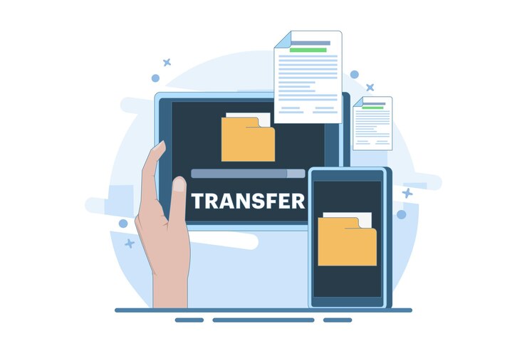 Vector vector illustration about the concept of data and document transfer or file sharing via the internet