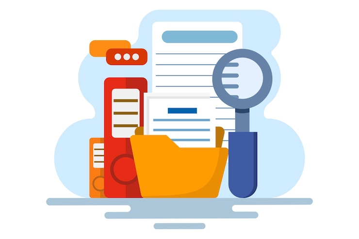 Vector vector illustration about concept of file search in file with magnifying glass with file search