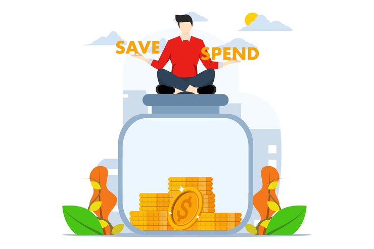 Vector vector illustration about the concept of men hesitant to sit on savings balance options