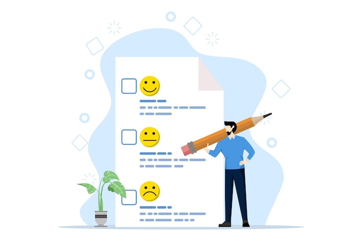 Vector vector illustration about customer assessment concept with man holding pencil giving assessment