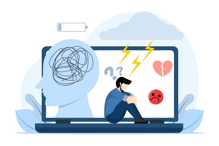 Vector vector illustration about mental depression concept with depressed person sitting on the floor