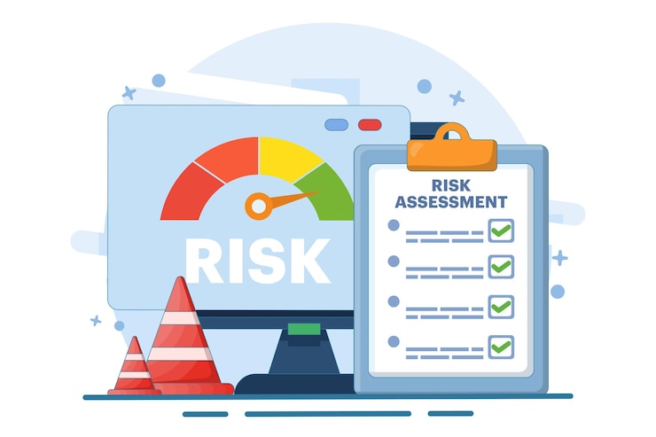 Vector vector illustration about risk assessment concept with speedometer or risk management