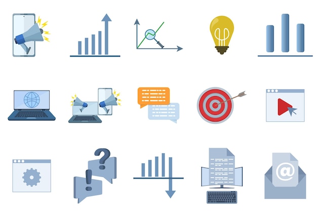 Illustrazione vettoriale su set di icone di marketing digitale come ricerca o seo e altri