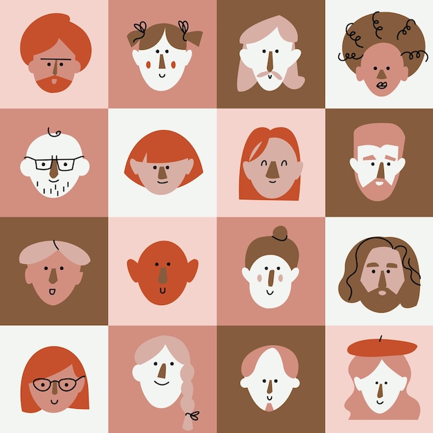 Illustrazione vettoriale facce di persone astratte, personaggi divertenti. icone diverse per l'evidenziazione della storia dei social media e gli avatar. modello senza cuciture.