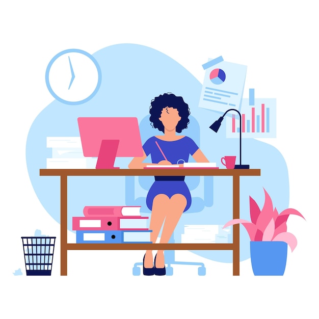 Vector illustration of accountant Cartoon scene with a girl who considers the costs the company and goes through folders with papers