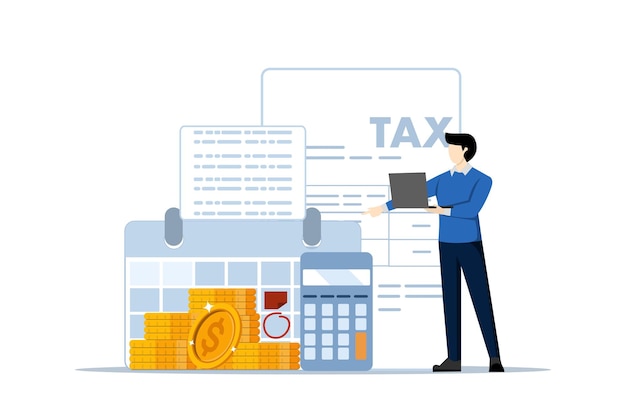 Vector vector illustration of an accounting or tax concept with a character and a laptop calculating taxes