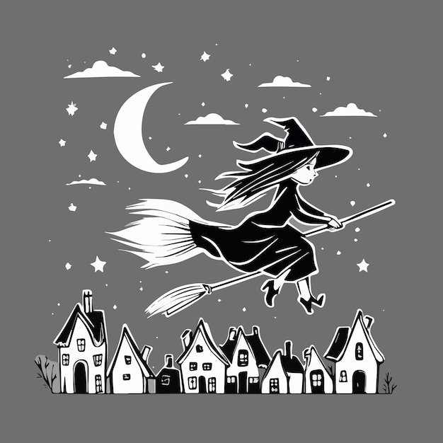 Vettore illustrazione vettoriale vacanza d'azione strega di halloween che vola sulla scopa la luna piena illumina la città