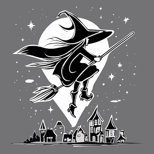 Vector illustration action holiday halloween witch flying on broom full moon illuminates the city at