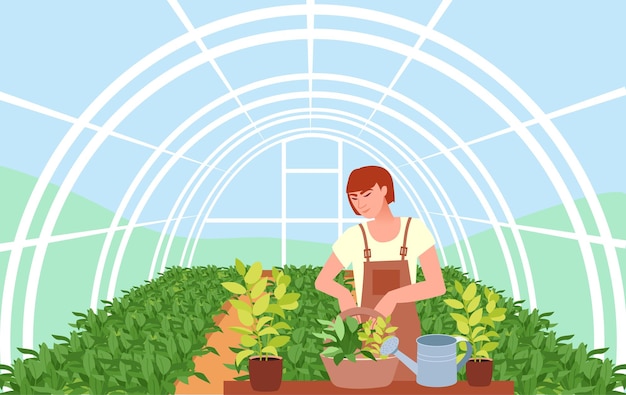 Vector vector illustration of advantages of greenhouse farmer works farming plant cultivation