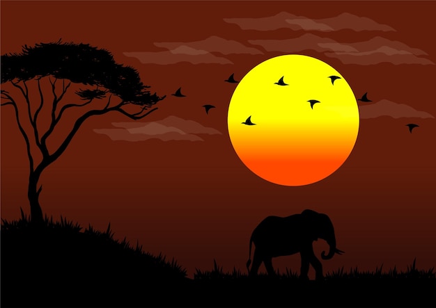 Vector vector illustration of african wildlife at sunset with elephant