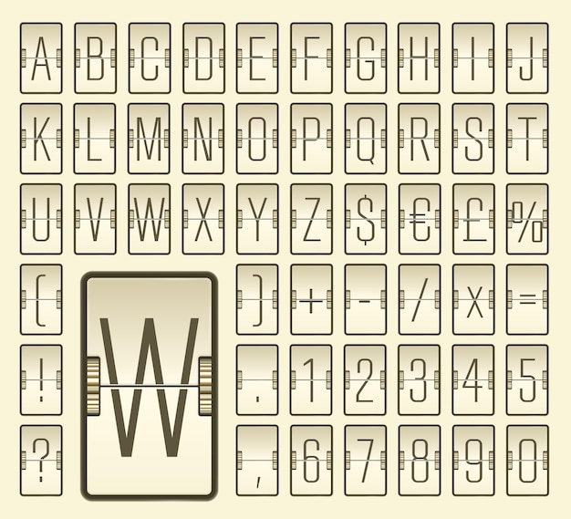 Vettore illustrazione vettoriale del terminale dell'aeroporto carattere retro meccanico del tabellone di punteggio con numeri per visualizzare le informazioni di partenza o arrivo del volo beige airline flip board alfabeto stretto per destinazione o orario