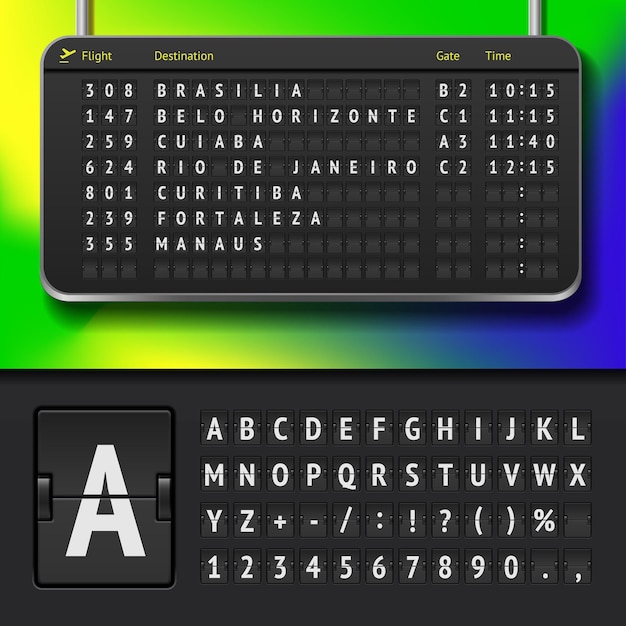 Vector vector illustration of airport timetable with brasilian cities and scoreboard alphabet