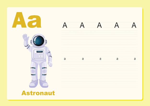 Vector vector illustration alphabet letter a astronaut exercise with cartoon vocabulary worksheet editab