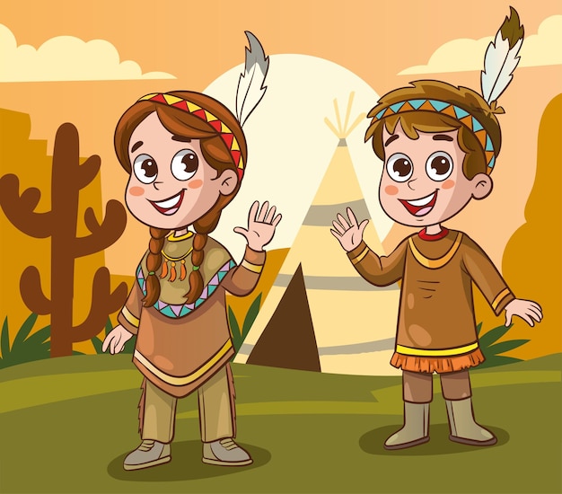 Vector illustration of american indian kids