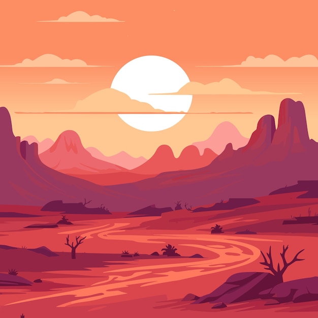 Vettore illustrazione vettoriale del paesaggio desertico al tramonto americano o messicano con montagne in stile cartone animato piatto